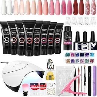 Phoenixy Poly Nail Gel Extensions Kit, 8 Colours Poly Builder Gel Nail Kit with 36W U V/LED Lamp Extension Gift Set for Nail Art Lovers