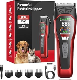 Dog Clippers for Heavy Thick Coats, Low Noise, 2-Speed, Waterproof, Rechargeable, LED Light, Pet Grooming Kit