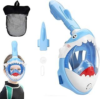 Snorkel Mask Full Face Kids, 180° Panoramic View Snorkeling Mask Safety Free Breathing Diving Mask with Anti-Fog and Anti-Leak Design Dry Top Snorkel Set Suitable for Kids Gift