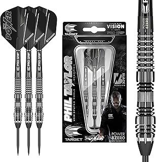 TARGET Darts Phil Taylor Power 8-Zero 4 Black Steel Tip Darts, 80% Tungsten Dart Set, P8Z4, 21G/23G/25G | Player Edition Darts with Swiss Point Tips or Fixed Points | Black Darts Case Included