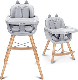 CoziBB 4 in 1 Highchair with Cat Ear, Removable 3-Position Tray, 5-Point Safety Belt Convertible Multifunctional High Chair with Removable Legs, Wooden Feeding Chair for Baby Infant Toddler (6 M-2 Y)