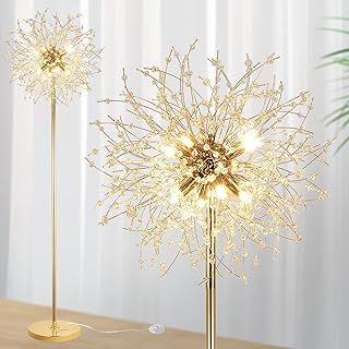 Modern Floor Lamp, Golden Fireworks Crystal Floor Lamps for Living Room, 8-Lights Crystals Standing Lamps with Foot Switch, Glass Metal, Elegant Design Tall Lamp for Bedroom, Beside, G9, 175cm