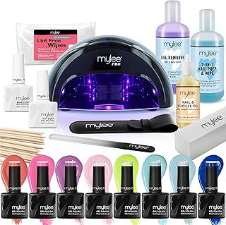Mylee The Full Works Gel Nail Polish LED Lamp Kit, 8x MYGEL Colours, Top & Base Coat, Mylee PRO Salon Series Convex Curing LED Lamp, Prep & Wipe, Gel Remover (Spring/Summer - Black Lamp)