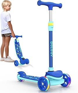 BELEEV A8 Foldable Scooter for Kids Ages 3-12, 3 Wheel Scooter for Toddlers Girls Boys, Light up Kick Scooter for Children, 4 Adjustable Height, Big Wheels, Lean to Steer, Extra-Wide & Non-Slip Deck