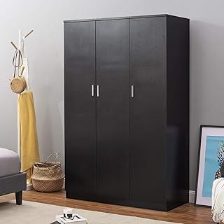Wooden 3 Door Wardrobe with Shelf and Hanging Rail Modern Clothes Storage Cupboards Unit for Bedroom Furniture W 115.4 * D 50 * H 180cm (Black)