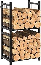 Fireplace Log Rack, Heavy Duty Firewood Rack for Indoor or Outdoor Use, Wrought Iron Firewood Holders Metal Log Store Holder with 4 Hooks, 2 Tier Wood Stove Fireplace Log Holder, 44 x 30.5 x 82 cm