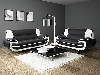 Lewis Black White Faux Leather 3+2 Seater Sofa Set Suite Settee Retro Style Chrome Legs