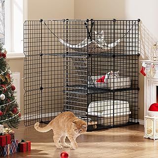 YITAHOME Cat Cage Indoor, DIY Cat Enclosures with 3 Doors, 2 Ladders, Metal Cat Playpen 3-Tiers Kennels Pet Crate with Extra Large Hammock, Pet Cage for 1-2 Cats Bunny Chinchilla Black 72x72x104 cm