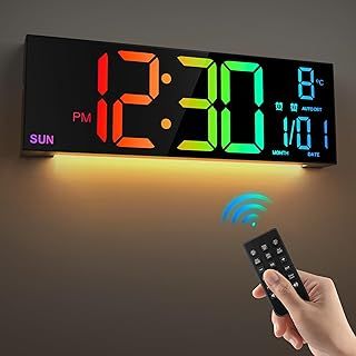 16.5'' Large Digital Wall Clock with Remote Control, Big LED/Dual Alarm/8 RGB Colors/Auto Brightness/Date/Auto DST/Temperature/Night Light Gym Clocks for Living Room Bedroom Office Wall Decor