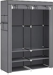 SONGMICS Clothes Wardrobe, Portable Closet, 45 x 127 x 176 cm, 2 Hanging Rails, Shelves, and 4 Side Pockets, Large Capacity for Bedroom, Living Room, Grey RYG008G02
