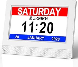 Digital Calendar Alarm Clock, 7" HD Large Screen Display, New Multiple Clock Modes Auto-Dimming Clock, Non-Abbreviated Day Date for Alzheimer's and Dementia Memory Loss Impaired Vision - White
