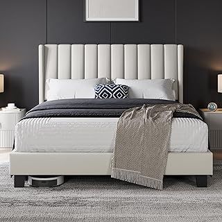 Yaheetech King Bed Frame, Upholstered Platform Bed with Channel Tufted Headboard & Wing Side, Wood Slat Support, Mattress Foundation, No Box Spring Needed, Noise-free, 5ft King Bed Beige