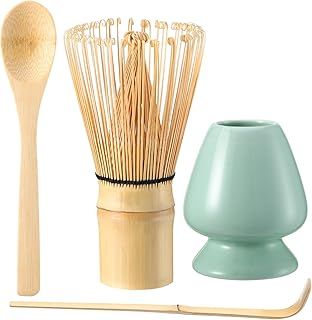 4 Pack Matcha Kit, Natural Matcha Whisk, Green Matcha Set Matcha Whisk (Chasen), Ceramic Whisk Holder, Scoop (Chashaku), Tea Spoon