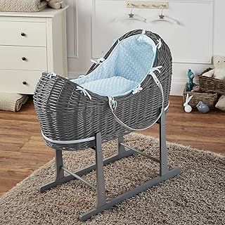 For Your Little One Pod Grey Wicker Moses Basket With Rocking Stand & Mattress - Blue Dimple