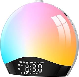 LIORQUE Sunrise Alarm Clock Wake Up Light Clock with Sunrise/Sunset Simulation, 8 Colors, 22 Natural Sounds, Dual Alarms, Snooze, FM Radio, Light Up Alarm Clock Bedside
