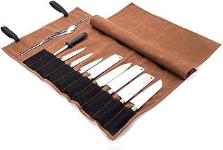 QEES Chef Knife Roll Bag, 16 Oz Waxed Canvas Waterproof Zipper Tool Bag 15 Slots Kitchen Utensils Blade Display Storage Bag, Gift for Dad and Husband (1#Khaki)