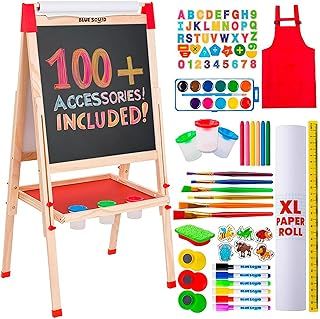Blue Squid Art Easel for Kids - Dual-Sided Adjustable Wooden Painting Easels, Ideal for Toddlers, Children Gifts - w/Magnetic Chalk Board, White Board & Paper Roll, Includes 100+ Accessories