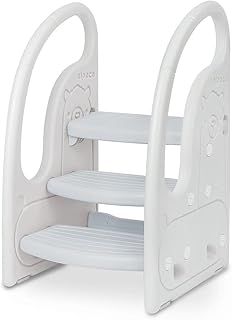 Onasti Step Stool for Kids, 3-Step Height Adjustable Toddler Step Stool, Plastic Learning Tower, Kitchen Helper, Toilet Steps with Handles and Non-Slip Pads, for Counter, Bathroom & Sink (Grey)