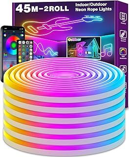 LETIANPAI 45m Neon Rope Lights, Flexible LED Cord Lights Controlled with App/Remote, Multiple Modes, IP65 Outdoor RGB Light Waterproof, Music Sync Led Neon