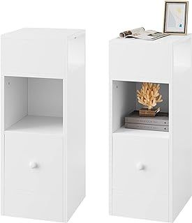 EUGAD Slim Bedside Table set of 2, Narrow Bedside Cabinet, with 2 Open Shelves 1 Drawer, 25 x 66 x 30 cm, nightstand for bedroom, Wood, White, 0179ZZ-2
