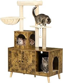 PawHut Litter Box Enclosure with Cat Tree Tower, Hammock, Cushion