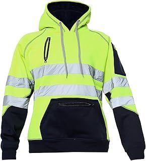 Hi Vis 4 & 5 Zips Hoodie High Visibility Reflective Tape Band Work Fleece Safety Hooded Top Phone & ID Pockets Pullover Hood SweatShirts Jacket Warm Security Plus Sizes Small - 3XL
