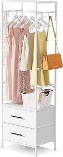 Open Wardrobe, Clothes Rail with Drawers for Bedroom, with 2 White Fabric Drawers, 4 Side Hooks and Metal Frame 30D x 50W x 172H cm