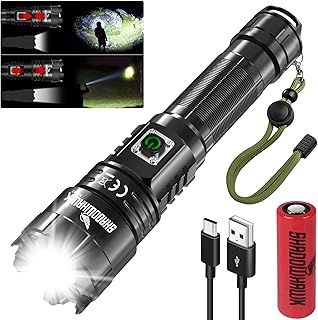 Shadowhawk Torches LED Super Bright, 500000 Lumens Rechargeable LED Torch, USB Tactical Flashlight, XHP70.2, IP67 Waterproof, 5 Light Modes Zoomable, for Camping Hiking Emergency