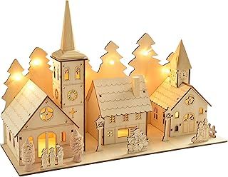 WeRChristmas Pre-Lit Wooden Church and Village Scene Illuminated with 12 Warm White LED Lights, 35 cm - Multi-Colour