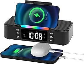 Alarm Clock with Wireless Charging, Alarm Clocks Bedside, Bedside Clock with 15W Wireless Charger, Bluetooth Speaker, Dual Alarm, Night Light, Brightness, Digital Alarm Clock for Bedside-Black