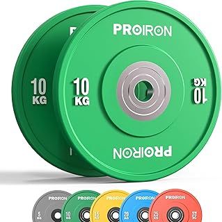 PROIRON Olympic Bumper Plates, 2" Solid Rubber Weight Plates for Barbell Strength Training and Weight Lifting, 5kg 10kg 15kg 20kg 25kg, Single or Pair