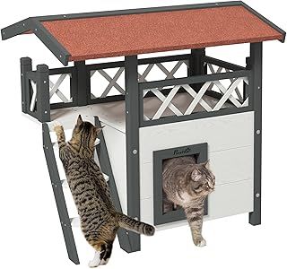 PawHut Cat House Outdoor, Wooden Feral Cat House with Balcony Stairs Asphalt Waterproof 77L x 50W x 73Hcm - White