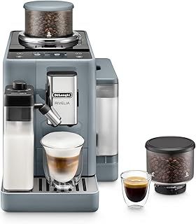 De'Longhi Rivelia EXAM440.55.G, Fully Automatic Coffee Machine with LatteCrema Hot, Automatic Milk Frother, Compact Size Bean to Cup Coffee Machine, 16 Recipes, Full Touch Colored Display, Pebble Grey