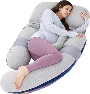 AS AWESLING 60in Full Body Pillow | Nursing, Maternity and Pregnancy Pillows | Extra Large U Shape Pillow with Detachable Side, Separate Support Pillow and Removable Cover (Velvet Blue&Jersey Grey)