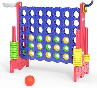 Giant Connect 4, 3-in-1 Giant 4 in a Row Game with Basketball Hoop, 42 Jumbo Ring, Ring Toss, Giant Connect 4 Outdoor Game, Garden Connect 4 Game for Indoor Outdoor Family Game(Red & blue)