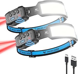 Smiling Shark Headlamp, 2 Pack Head Lamps LED Rechargeable 6 Modes 7*White Lights 270° Lighting Width Motion Sensor Red Tail Light for Camping Fishing Repairation, LED-HeadLamp-Rechargeable-Light