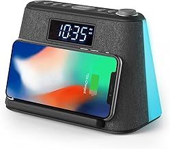 i-box Alarm Clocks Bedside, Alarm Clock with Wireless Charging, Bluetooth Speaker, FM Radio, Qi Wireless Charger, White Noise Machine, Night Light/Mood Light, USB Port, Dimmable, Non Ticking