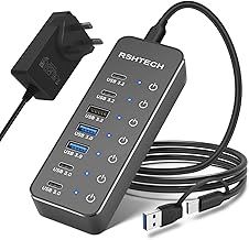 RSHTECH Powered USB Hub, 7-Port USB-C Hub Splitter with 3x 10Gbps USB 3.2 Data Port (2C+1A), 4x 5Gbps USB 3.0 Ports (2C+2A), Aluminum USBC Multiport Adapter with 3.3ft USB C/A Long Cable