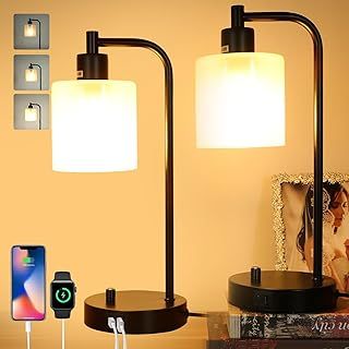 Bedside Lamps Set of 2,Dimmable Table Lamps with Eye-Caring Frosted Glass Shade for Bedrooms,USB & AC Outlets Charging Port,Nightstand Industrial LED Desk Lamps for Reading Living Room Office