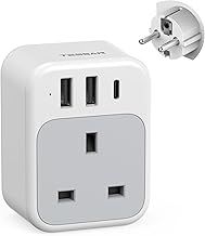 TESSAN UK to European Plug Adapter, Travel Adaptor Europe with 1 USB C and 2 USB A, 3250W EU Charger Plug, Type E F for Spain France Turkey Germany