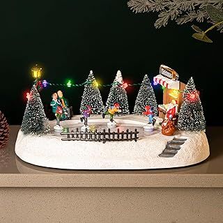 Home Zone Traditional Festive Christmas Village Ice Rink Scene With Multi Colour LED Lights - Battery Operated Ornaments, Songs, Music Function - Light Up Indoor Xmas Decorations