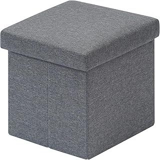 Bonlife Grey Small Ottoman Storage Box with Lid,Foot Rest Stool with Storage,Linen Toy Chest Box,Folding Footstool Cube Seat for Living Room 11.8"