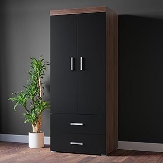 Black & Walnut Wardrobe, Clothing Closet, Bedroom Organising, Wardrobe with Drawers, Shelves, Hanging Rails, Ideal for Bedroom or Dressing Room