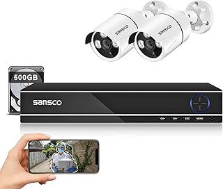 SANSCO 8CH Outdoor CCTV Camera System, 8 Channel 5MP DVR with 500GB Hard Drive, 2x 1080P Bullet Security Camera, Face/Human Detection, Email/APP Alert, Remote View, USB Backup