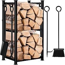 Amagabeli Fireplace Log Rack with 4 Tools 72cmx40cmx30cm Indoor Fireside Companion Set Outdoor Log Holder for Wood Burner Wrought Iron Log Storage Tool Set Wood Stove Fireplace Accessories