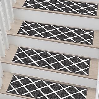 COSY HOMEER Edging Stair Treads Non-Slip Self-Adhesive 22 x 70cm Indoor Carpet Treads for Stairs, Stair Runner Machine Washable for Kids Elders and Dogs 100% Polyester TPE Backing, 15 PCS, Black