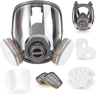 25 in 1 Full Face Respirator Mask for Paint Sparying, Organic Vapor and Dust, Two Kinds of Connectors, 10 Pcs Lens Cover Included, Gas Mask Respirator with Organic Vapor Filter
