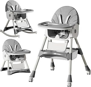 Baby High Chair 6 in 1, Foldable and Adjustable High Chair Babies with Removable Tray, Safety Belt, Footrest and Wheels, Growing from 6 Months to 6 Years Baby Chair