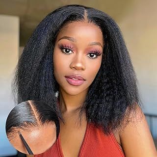 Human Hair Wig Yaki Straight Bob Glueless Wigs for Black Women Human Hair Pre Cut Wear and Go Glueless Wig Human Hair 4X4 HD Lace Front Wig 180% Density Yaki Bob Wig Human Hair 12 Inch.