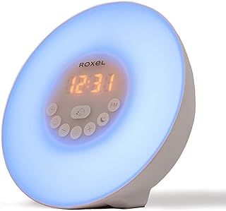 Alarm Clock Wake Up Light Sunrise/Sunset Simulation Table Bedside Lamp with FM Radio, Colour Changing Mood Light, Nature Sounds and Touch Control Function (White)